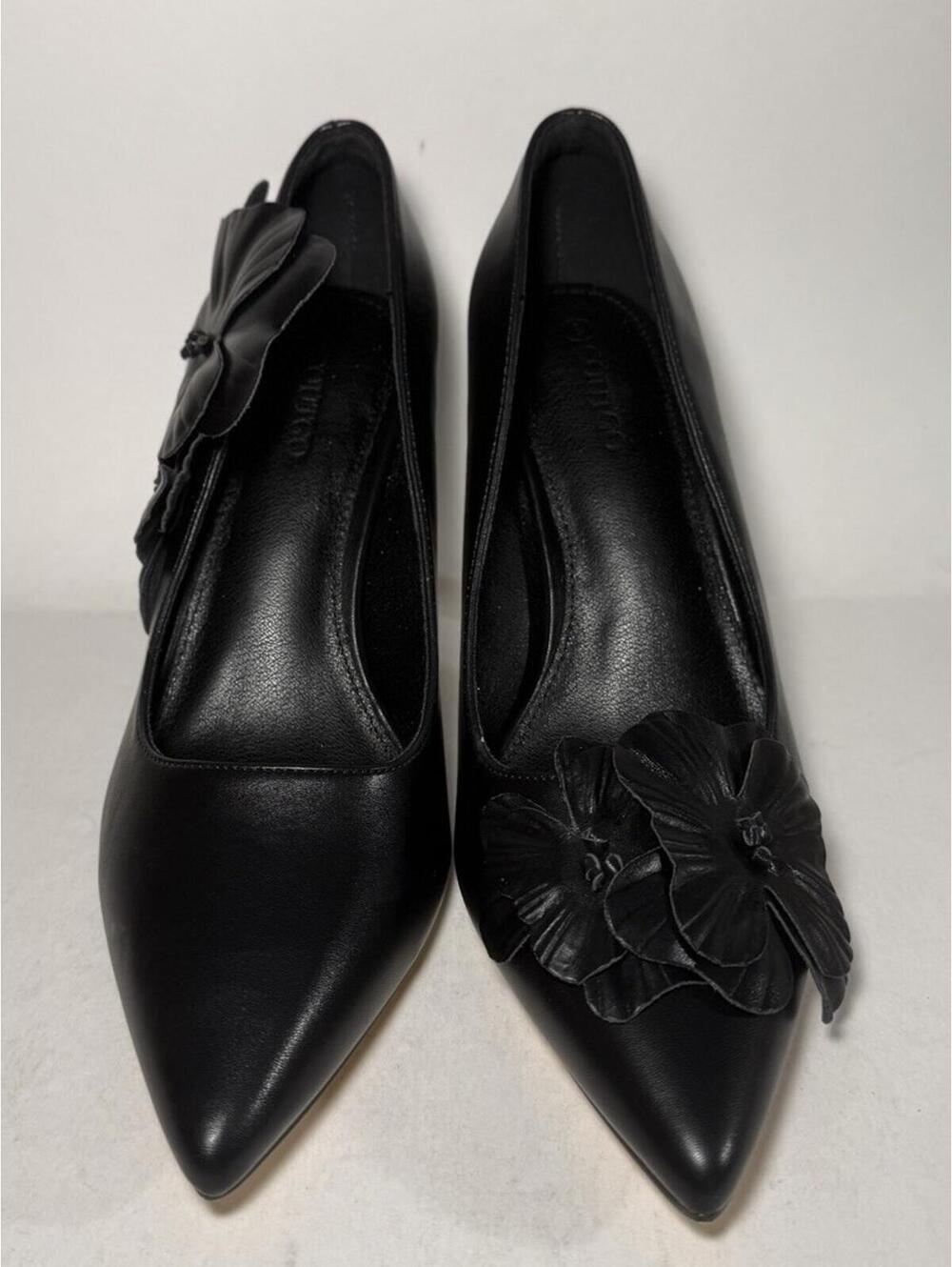 COUTGO Stiletto 3.5 inch High Heels Flower Pointed Toe Black